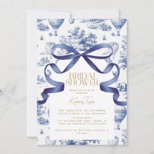 Toile De Jouy Dusty Blue Bow Bridal Shower Invitation