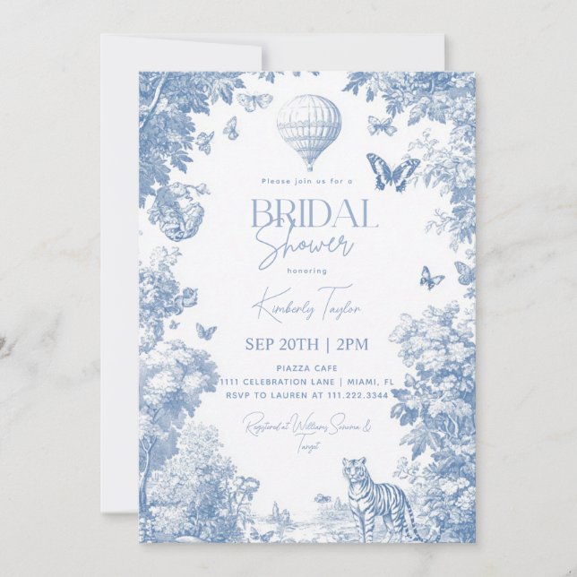 Toile De Jouy Dusty Blue Elegant Bridal Shower Invitation (Front)