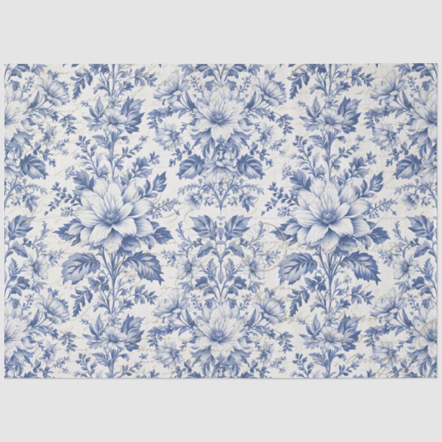 Toile de Jouy Floral Blue White Ephemera Decoupage Tissue Paper (Front)