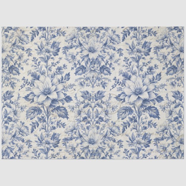 Toile de Jouy Floral Blue White Ephemera Decoupage Tissue Paper (Front)
