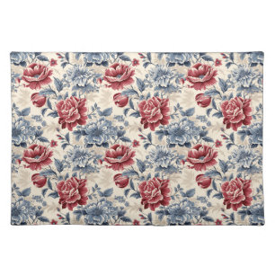 Toile de Jouy. French toile. Blue and red roses.  Cloth Placemat