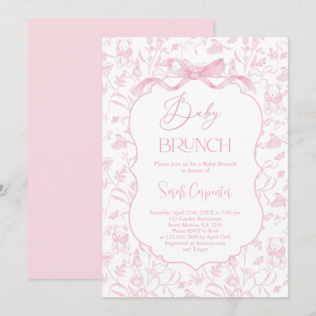 Toile De Jouy Girl Baby Shower Brunch with Bow Invitation (Front/Back)