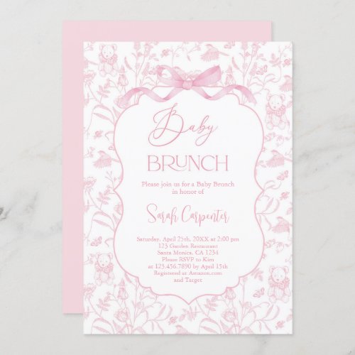 Toile De Jouy Girl Baby Shower Brunch with Bow Invitation