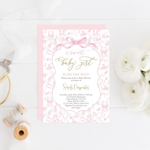 Toile De Jouy Girl Baby Shower with Bow Invitation