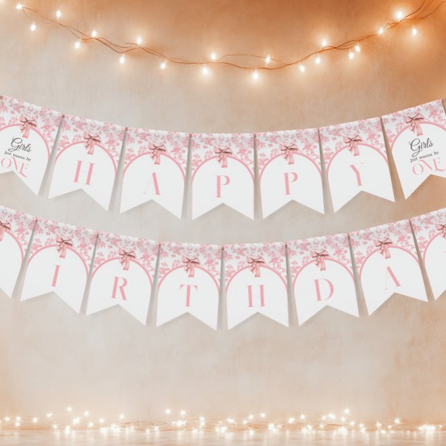 Toile de Jouy Girl Pink Bow First 1st Birthday Bunting Flags (Creator Uploaded)