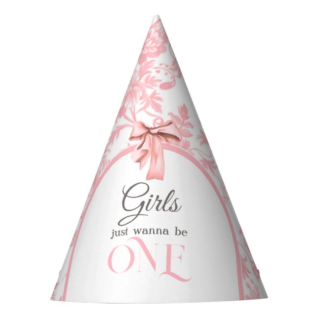 Toile de Jouy Girl Pink Bow First 1st Birthday Party Hat (Front)