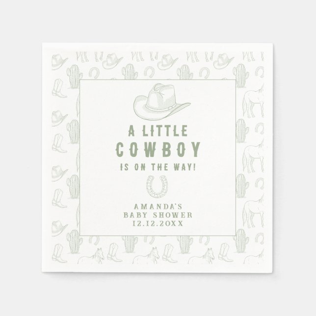 Toile de Jouy Green Cowboy Western Baby Shower Napkins (Front)