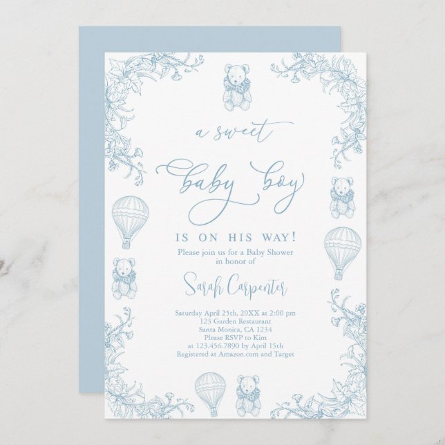 Toile De Jouy Hot Air Balloon Baby Shower Boy Invitation (Front/Back)