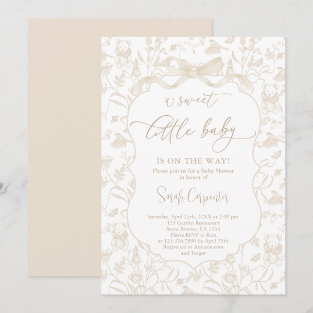Toile De Jouy Neutral Baby Shower with Bow Invitation (Front/Back)