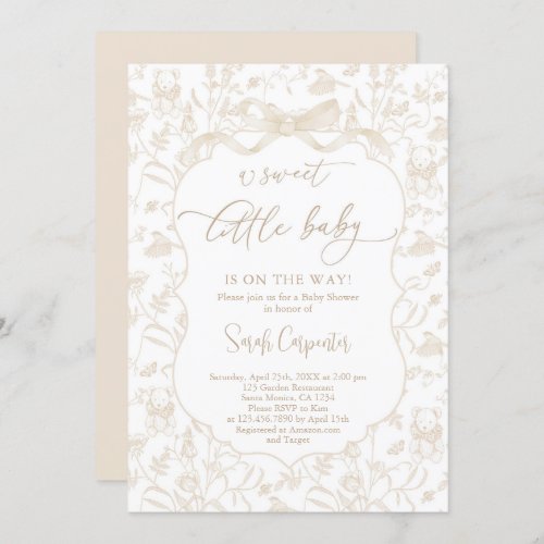 Toile De Jouy Neutral Baby Shower with Bow Invitation