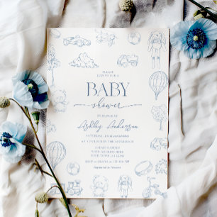 Toile De Jouy Nursery Baby Shower with Bow Boy Invitation