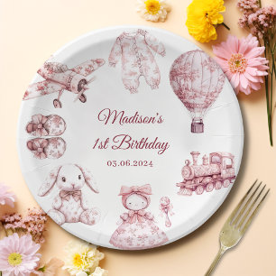 Toile De Jouy Pink Birthday Party Paper Plates