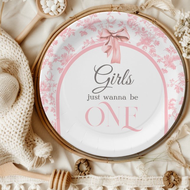 Toile de Jouy Pink Bow First 1st Birthday Decor Paper Plates (Creator Uploaded)