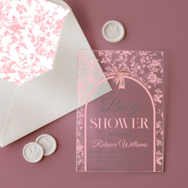 Toile de Jouy Pink Bow Girl Baby Shower Acrylic Invitations (Creator Uploaded)