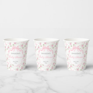 Toile De Jouy Pink Bow Girl Baby Shower Paper Cups