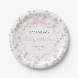 Toile De Jouy Pink Bow Girl Baby Shower Paper Plates
