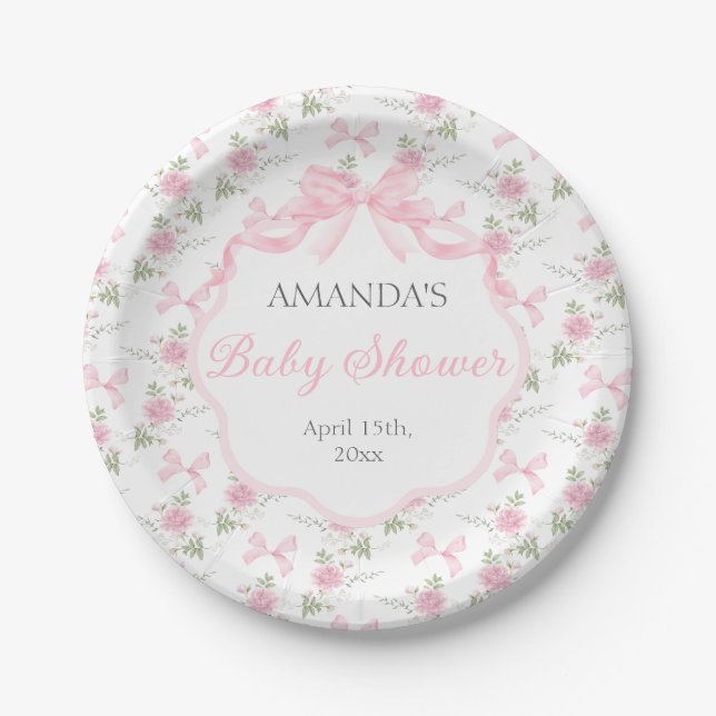 Toile De Jouy Pink Bow Girl Baby Shower Paper Plates (Front)