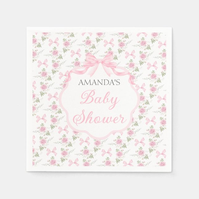 Toile De Jouy Pink Bow Girl Baby Shower Party Napkins (Front)