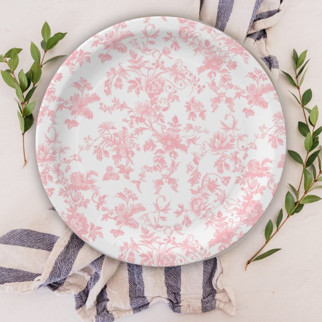 Toile de Jouy Pink Bow Girl First 1st Birthday Paper Plates (Creator Uploaded)