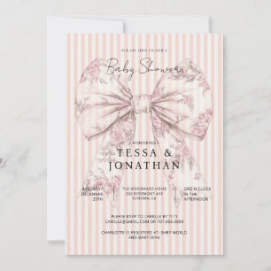 Toile De Jouy Pink Bow Stripes Baby Shower Invitation