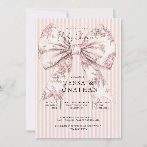 Toile De Jouy Pink Bow Stripes Baby Shower Invitation
