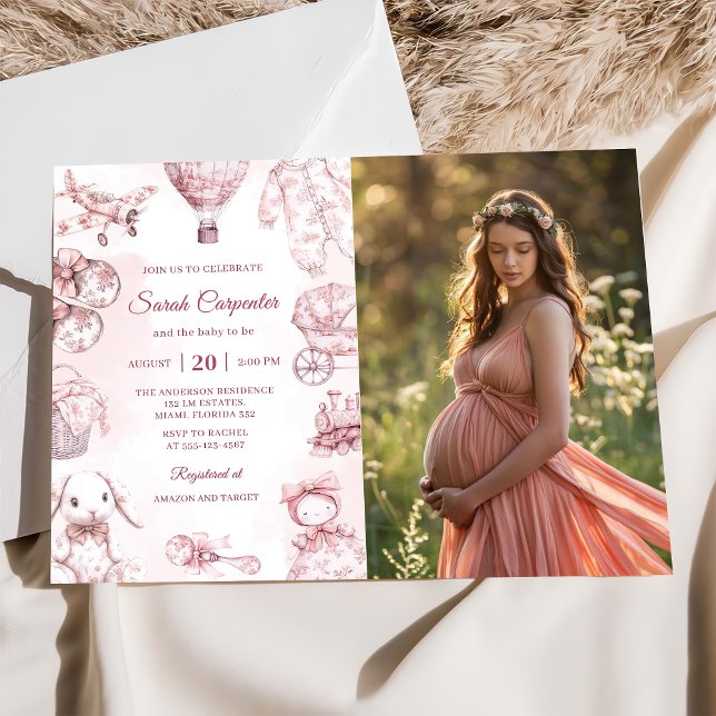 Toile De Jouy Pink Girl Baby Shower Party Invitation (Creator Uploaded)