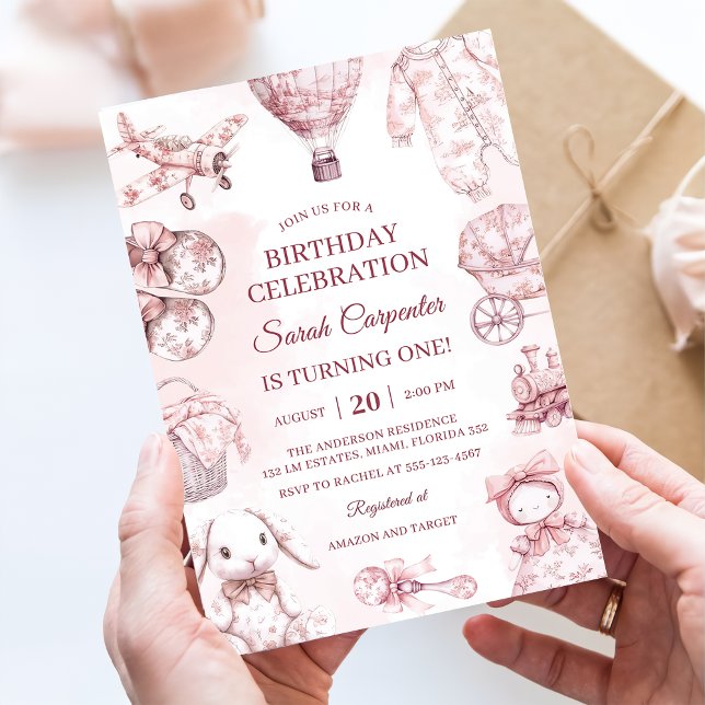 Toile De Jouy Pink Girl Birthday Party Invitation (Creator Uploaded)