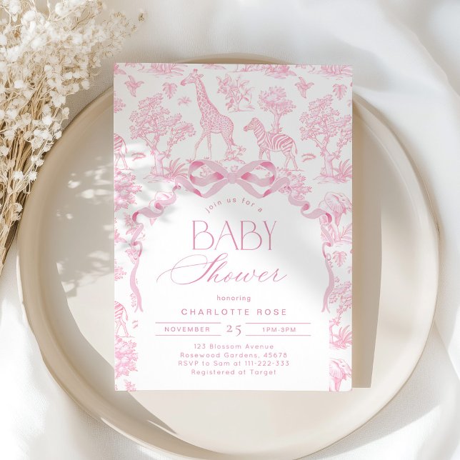 Toile de Jouy Pink Safari animals Baby shower Invitation (Creator Uploaded)