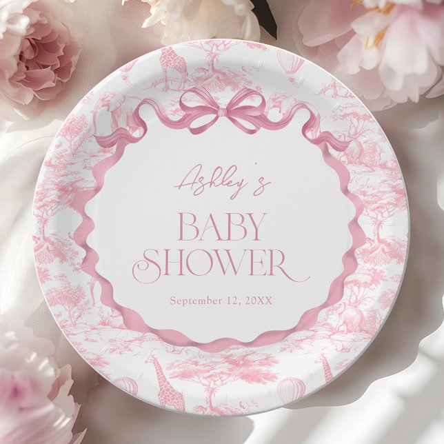 Toile de Jouy Pink Safari Animals Baby shower Paper Plates (Creator Uploaded)