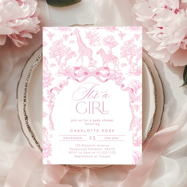 Toile de Jouy Pink Safari animals It's a girl Invitation (Creator Uploaded)