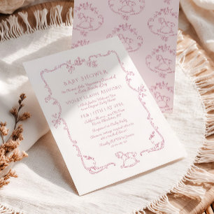 Toile de Jouy rocking horse Pink Baby Girl shower Invitation