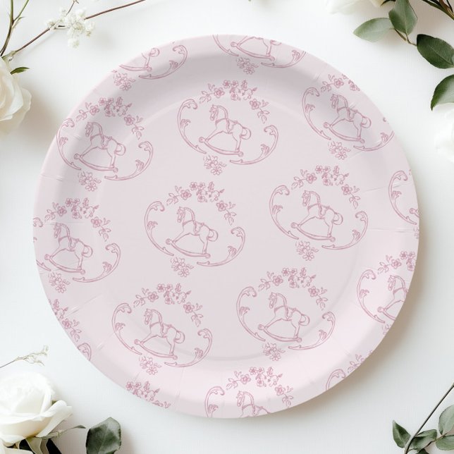 Toile de Jouy rocking horse Pink Baby Girl shower Paper Plates (Creator Uploaded)