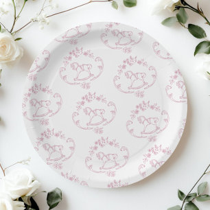 Toile de Jouy rocking horse Pink Baby Girl shower Paper Plates