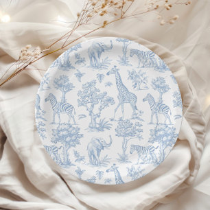 Toile de Jouy Safari animals blue Baby shower Paper Plates