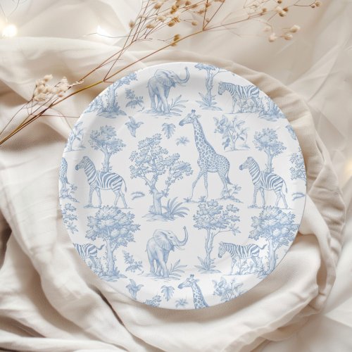 Toile de Jouy Safari animals blue Baby shower Paper Plates
