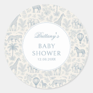 Toile De Jouy Safari Animals Blue Boy Baby Shower Classic Round Sticker