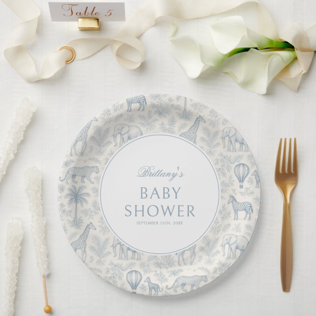 Toile De Jouy Safari Animals Blue Boy Baby Shower  Paper Plates (Wedding)