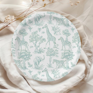 Toile de Jouy Safari animals green Baby shower Paper Plates