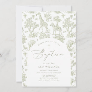 Toile de Jouy Safari animals Green Boy Baptism Invitation