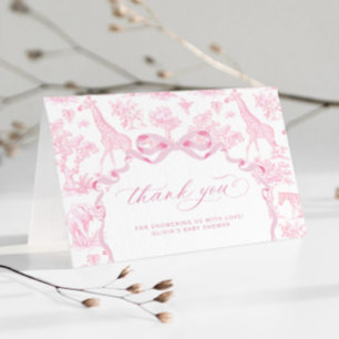 Toile de Jouy Safari animals Pink Baby shower Letterpress Thank You Card