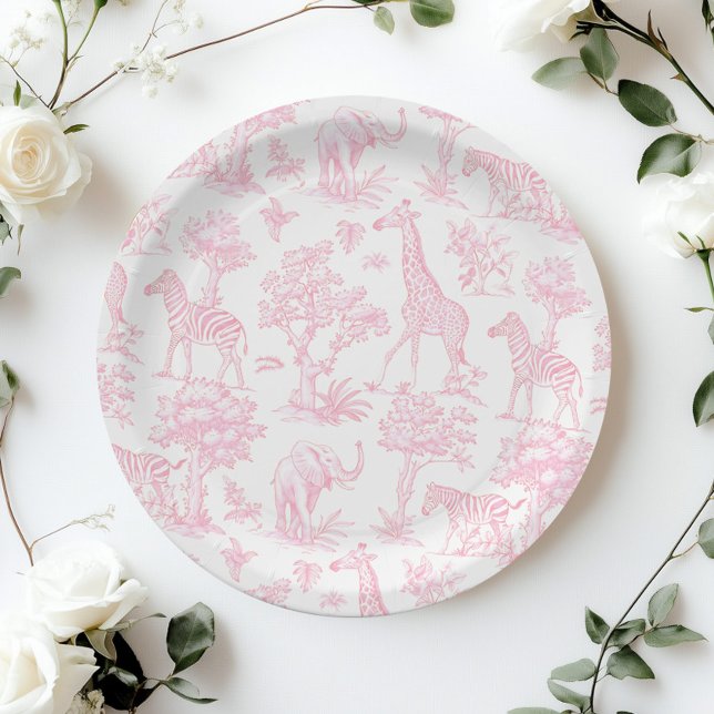 Toile de Jouy Safari animals Pink Baby shower Paper Plates (Creator Uploaded)