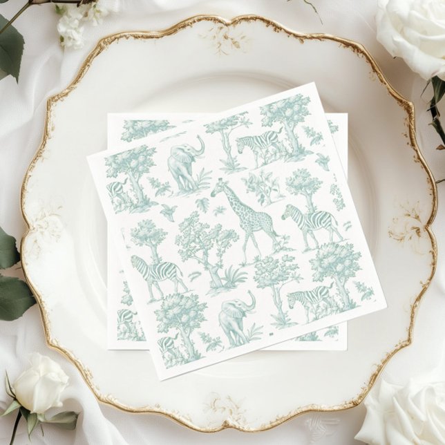 Toile de Jouy Safari animals Sage Baby shower Napkins (Creator Uploaded)