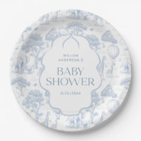 Toile De Jouy Safari Blue Baby Shower Paper Plates