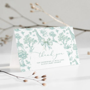 Toile de Jouy Safari green Bow Baby shower Letterpress Thank You Card