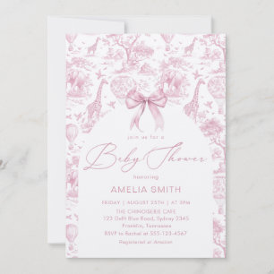 Toile de Jouy Safari Pink Bow Baby shower Invitation