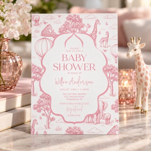 Toile De Jouy Safari Pink Girl Baby Shower Invitation