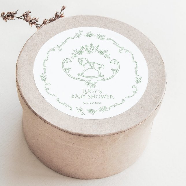 Toile de Jouy Sage Green Rocking Horse Baby Shower Classic Round Sticker (Creator Uploaded)