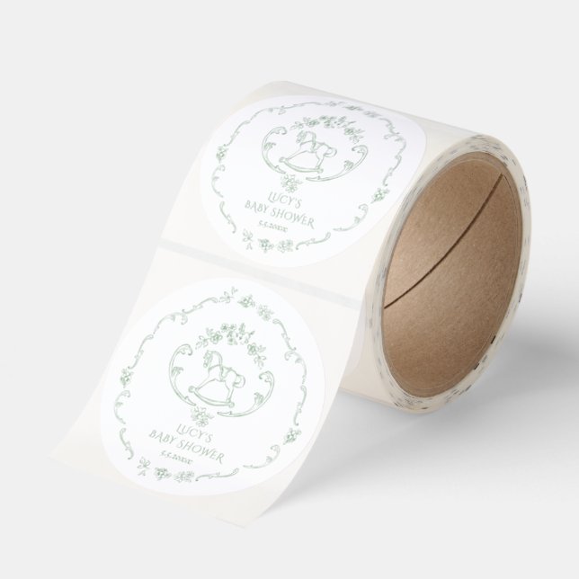 Toile de Jouy Sage Green Rocking Horse Baby Shower Classic Round Sticker (Roll)