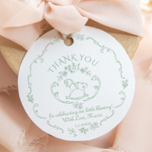 Toile de Jouy Sage Green Rocking Horse Baby Shower Favor Tags