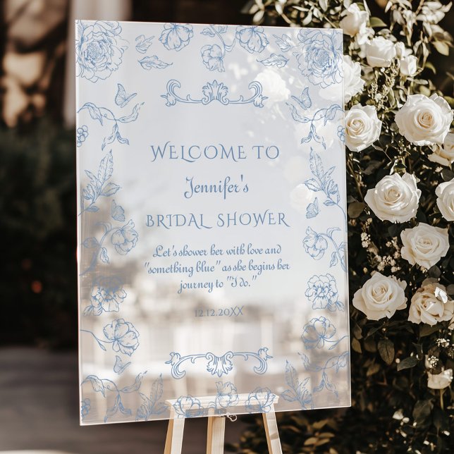 Toile de Jouy Something Blue Bridal shower Welcome Acrylic Sign (Creator Uploaded)